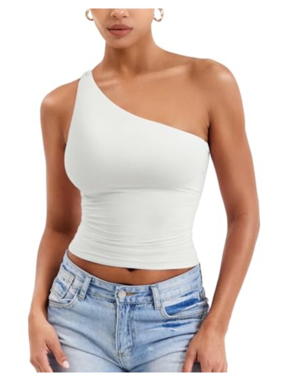 One Shoulder Tank Top Adjustable Strap Double-Lined Crop Cami